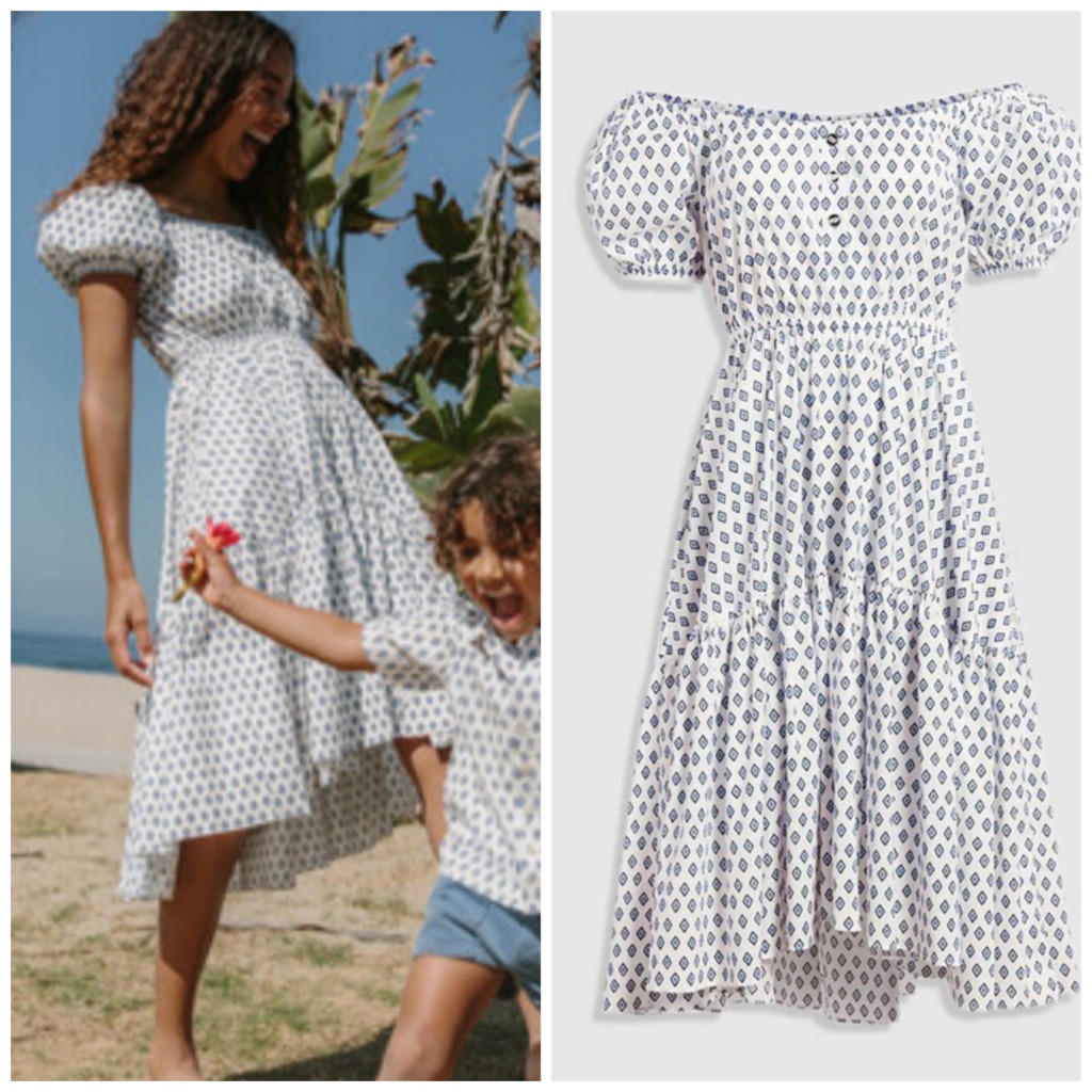 Caroline Constas White And Blue Puff-Sleeve Tiered Midi Dress